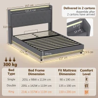 HOMCOM 5ft King Bed Frame with Headboard, Platform Bed Frame with Hydraulic Storage, LED Lights and Charging Station, Grey(m-3)
