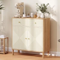 HOMCOM Bufet, corp de depozitare canelat cu blat cu aspect de stejar, 2 sertare, 2 uși, poliță reglabilă, 77x30x80cm, crem(m-7)