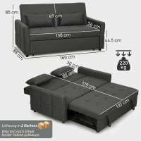 HOMCOM Canapé-lit 2 places, canapé 3-en-1 extensible avec dossier réglable, large assise, Gris foncé(m-3)
