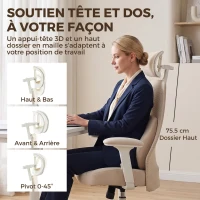 HOMCOM Chaise Bureau Ergonomique, Fauteuil Bureau en Maille, Soutien Lombaire à Mémoire de Forme, Accoudoirs Réglables, Beige(m-4)