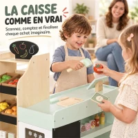 AIYAPLAY Marchande Enfants en Bois, Caisse Enregistreuse, Aliments Factices, Tableau Noir et 44 Accessoires, pour 3 à 6 Ans(m-7)