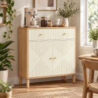 HOMCOM Bufet, corp de depozitare canelat cu blat cu aspect de stejar, 2 sertare, 2 uși, poliță reglabilă, 77x30x80cm, crem(m-4)