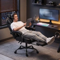 HOMCOM Scaun Gaming Ergonomic, Fotoliu Gaming Înclinabil din Piele Sintetică, Înălțime Reglabilă, Suport Cap 2D, Negru(m-4)