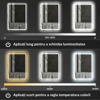 HOMCOM Oglindă de baie LED cu Bluetooth, iluminare reglabilă și funcție de memorie, din sticlă securizată, 70x50x3,5 cm(m-6)