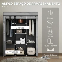HOMCOM Roupeiro de Tecido Dobrável com 8 Prateleiras de Armazenamento e 2 Barras de Pendurar 125x43x162,5cm Cinza Claro(m-4)