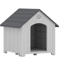PawHut Außen-Hundehütte, Hundehütte aus wasserdichtem Polypropylen belüftet erhöhter Boden 66x55x65 cm hellgrau(m-1)