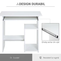HomCom birou ergonomic, 80x45x75cm, PAL/metal, alb | AOSOM RO(m-14)