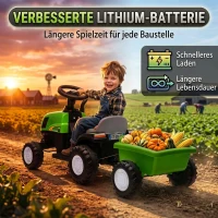 AIYAPLAY Elektryczny traktor dziecięcy z odłączaną przyczepką Traktor na siedzenie z akumulatorem litowym, pedałem nożnym, muzyką, klaksonem, światłem, Grün(m-6)