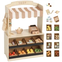 AIYAPLAY Supermercado Infantil de Madeira com Caixa Registadora, Jogo de Chá, Quadro, 8 Caixas e Toldo(m-18)