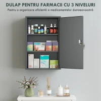 kleankin Dulap pentru medicamente cu 3 niveluri din metal, cu 2 chei și montare pe perete, 40 x 18 x 60 cm, gri(m-5)