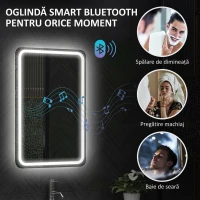 HOMCOM Oglindă de baie LED cu Bluetooth, iluminare reglabilă și funcție de memorie, din sticlă securizată, 70x50x3,5 cm(m-5)