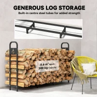 Outsunny 6.5 FT Steel Firewood Log Rack with 300 kg Capacity, Heavy Duty Indoor Outdoor Fireplace Wood Storage Shelf, Log Holder/Stand with Extra Support Legs, Decorative Bonfire Pattern, Black(m-4)