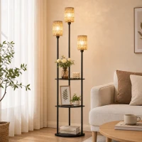HOMCOM Lampă de podea Boho 3 becuri Lampă de podea 3 polițe Abajur din sfoară de hârtie Negru(m-6)