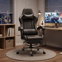 HOMCOM Scaun Gaming Ergonomic cu Pernă Lombară Masantă, Fotoliu Gaming Înclinabil din Piele Sintetică, Negru(m-6)