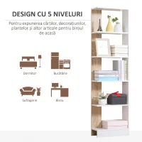 Homcom Raft Perete 5 Rafturi – Stejar & Alb, Design Modern pentru Camera(m-6)