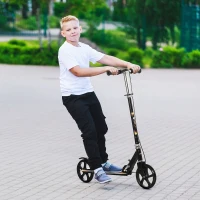 HOMCOM Kids Foldable Kick Scooter w/ Adjustable Height, Break, Big Wheels, for Ages 7-14 Years - Black(m-2)