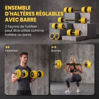 HOMCOM Ensemble d'haltères courtes ou longues 20 Kg - barre d'extension incluse - musculation réglable - entraînement musculaire & haltérophilie(m-4)