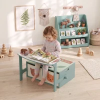 AIYAPLAY Banco Infantil Convertible 3 en 1 Juego de Mesa y Silla Baúl de Juguetes con 2 Cajones de Tela 3-6 Años Verde(m-4)