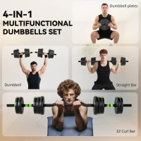 SPORTNOW 20 kg 3-in-1 Adjustable Dumbbell & Barbell Set with EZ Bar, Connecting Rod and Non-Slip Grip for Home Gym, Green(m-4)