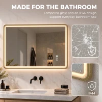 HOMCOM Bathroom Mirror with LED Lights, 100x70cm Rectangle Bathroom Mirror, Dimmable, Bluetooth, Anti-Fog, Gold Tone(m-7)