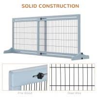 PawHut Freestanding Dog Gate, Foldable Pet Fence, Indoor Wood Barrier, Stair Gate with Support Feet, for Doorway, Hallway, Small and Medium Dogs, 69H x 104-180 cm, Blue-grey(m-6)