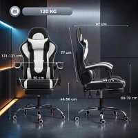 HOMCOM Ergonomischer Massierender Gaming-Stuhl mit verstellbarem Lendenkissen, Kunstleder, Fußstütze, Weiß(m-3)