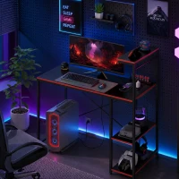 HOMCOM Gaming-Schreibtisch mit LED, 110x50 cm, Steckdosen, Regale und Fernbedienung, für Zuhause/Studio, Schwarz in Carbon-Look(m-4)