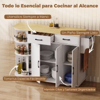 HOMCOM Isla de Cocina con 5 Ruedas Encimera Extensible 3 Estantes Giratorios 360° 2 Cajones 3 Puertas Toallero Blanco(m-6)