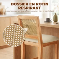 HOMCOM Lot de 2 Tabourets de Bar, Chaises de Bar avec Dossier Effet Rotin, Assise Rembourrée en Chenille de 66H cm, Crème(m-5)
