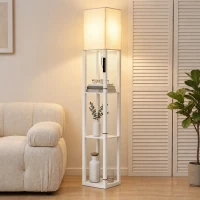 HOMCOM Lampadaire avec 3 étagères Lumière LED réglable Commande tactile et télécommande Abat-jour en tissu Ampoule incluse Blanc(m-2)