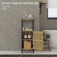 HOMCOM Dulap de Baie cu Raft Deschis și Dulăpior, din MDF și Bambus, 32x30x90,5 cm, Negru și culoare Lemn(m-4)