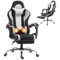 HOMCOM Ergonomischer Massierender Gaming-Stuhl mit verstellbarem Lendenkissen, Kunstleder, Fußstütze, Weiß(m-8)