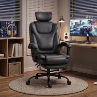 HOMCOM Scaun Gaming Ergonomic, Fotoliu Gaming Înclinabil din Piele Sintetică, Înălțime Reglabilă, Suport Cap 2D, Negru(m-2)