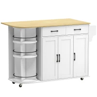 HOMCOM Isla de Cocina con 5 Ruedas Encimera Extensible 3 Estantes Giratorios 360° 2 Cajones 3 Puertas Toallero Blanco(m-1)