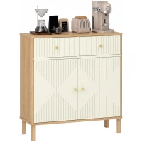 HOMCOM Bufet, corp de depozitare canelat cu blat cu aspect de stejar, 2 sertare, 2 uși, poliță reglabilă, 77x30x80cm, crem(m-8)
