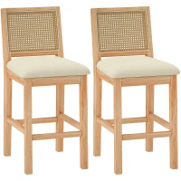 HOMCOM Set de 2 taburete de bar, scaune cu spătar cu efect ratan, șezut tapițat din chenilă de 66H cm, crem(m-8)