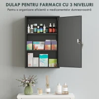 kleankin Dulap pentru Medicamente cu 3 Niveluri din Metal, cu 2 Chei și Montare pe Perete, 40x18x60 cm, Negru(m-5)