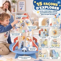 AIYAPLAY Cube d'Activités en Bois Thème Fusée, Cube Éducatif avec Trieur de Formes et Labyrinthe de Perles, pour 2 à 6 Ans(m-5)
