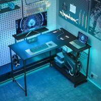 HOMCOM 114.5 cm L-Shaped Gaming Desk, Computer Desk with LED Lights, Power Station and Adjustable Mesh Shelf , Black(m-2)
