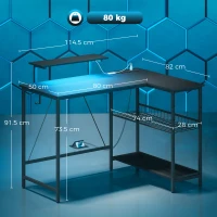HOMCOM 114.5 cm L-Shaped Gaming Desk, Computer Desk with LED Lights, Power Station and Adjustable Mesh Shelf , Black(m-3)