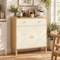 HOMCOM Bufet, corp de depozitare canelat cu blat cu aspect de stejar, 2 sertare, 2 uși, poliță reglabilă, 77x30x80cm, crem(m-5)