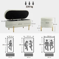 HOMCOM Bancă ovală cu depozitare 72 L, capac rabatabil, tapițată cu catifea, 107 x 42 x 45,5 cm, crem(m-3)