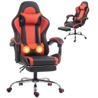 HOMCOM Ergonomischer Gaming-Stuhl mit Massage-Lendenkissen, Kunstleder, Fußstütze, Rosso(m-8)