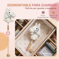 AIYAPLAY Cabeza de Caballo con Palo de Madera con Ruedas Sonidos de Cascos y Relinchos Asas de Agarre 95 cm Blanco(m-6)