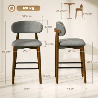 HOMCOM Bar Stools Curved Open Back Padded Seat Footrest Set of 2 for Kitchen Grey(m-3)