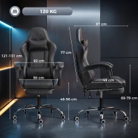 HOMCOM Scaun Gaming Ergonomic cu Pernă Lombară Masantă, Fotoliu Gaming Înclinabil din Piele Sintetică, Negru(m-3)