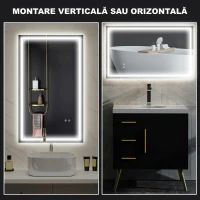 HOMCOM Oglindă de baie cu lumini LED reglabilă în 3 culori și strat antișoc, din sticlă și metal, 100x3x60 cm(m-7)