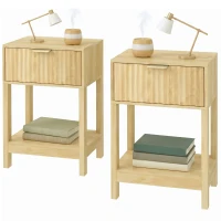 HOMCOM Set de 2 Noptiere, Măsuțe Laterale cu Sertar, Fațadă Canelată și Etajeră Deschisă, 40 x 30 x 60 cm, Stejar(m-9)