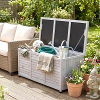 Outsunny Baule da Esterno in Legno di Abete con Base Rialzato e Coperchio, Cassapanca Contenitore da Esterno Impermeabile, 127x56x60 cm, Grigio(m-10)