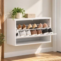 HOMCOM Schoenenkast met 2 kleppen, wandhangende schoenenkast met bovenblad, smalle schoenenopberger voor 6 paar, 70 x 30 x 43 cm, wit(m-2)
